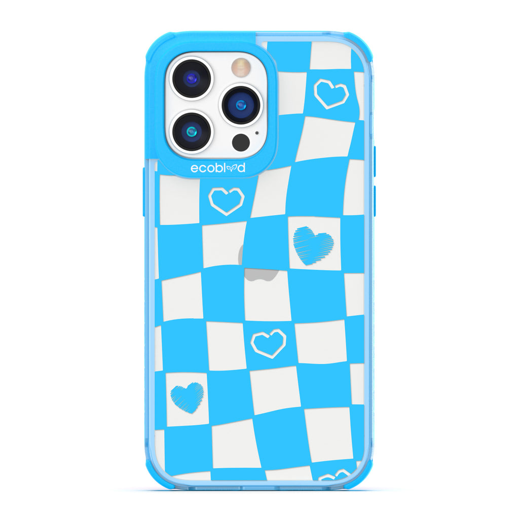 Love Collection - Blue Compostable iPhone 14 Pro Case - Wavy Checkered Print & Scribbled Hearts On A Clear Back