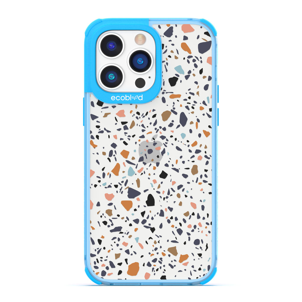 Timeless Collection - Blue Laguna Compostable iPhone 14 Pro Max Case With A Speckled Terrazzo Pattern On A Clear Back