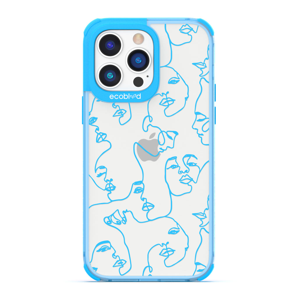 Contemporary Collection - Blue Compostable iPhone 14 Pro Case - Line Art Of A Woman's Face On A Clear Back