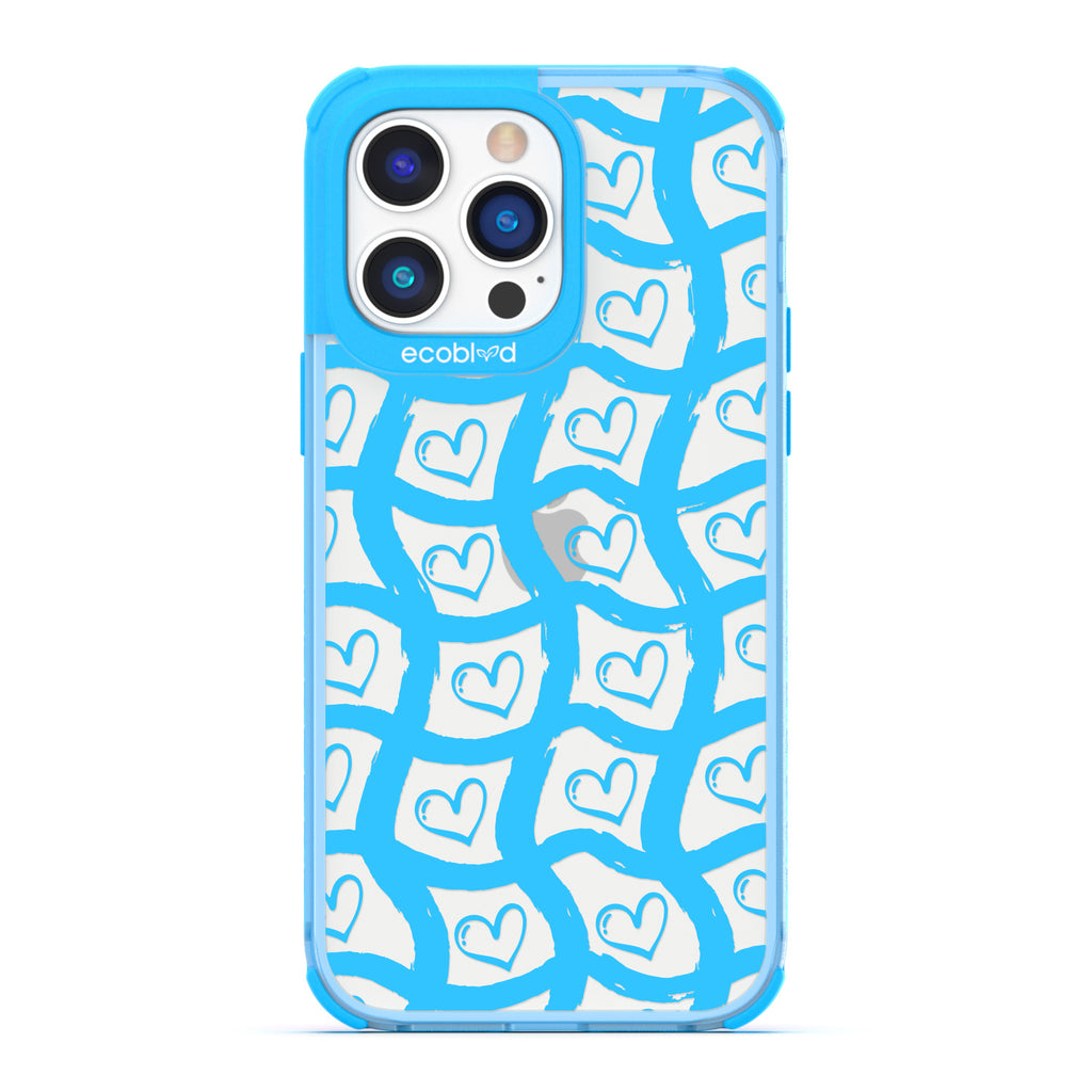 Love Collection - Blue Compostable iPhone 14 Pro Case - Wavy Paint Stroke Checker Print With Hearts On A Clear Back