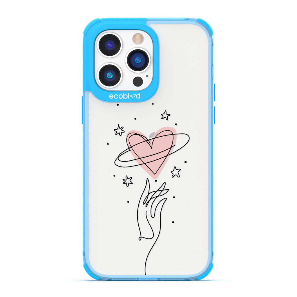 Be Still My Heart - Blue Compostable iPhone 14 Pro Max Case - Line Art Hand Reaching Out For Pink Heart, Stars On Clear Back