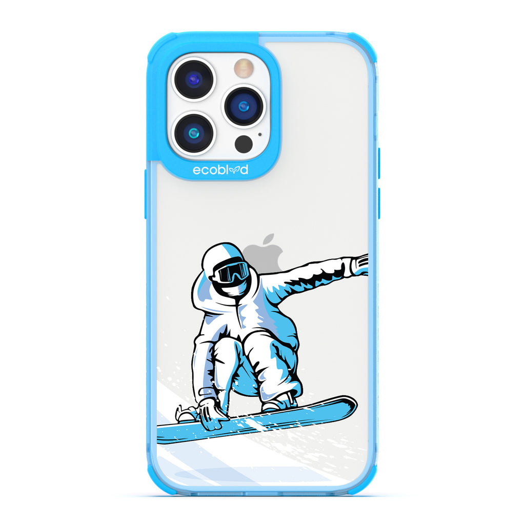 Winter Collection - Blue Eco-Friendly iPhone 14 Pro Max Case - A Snowboarder Jumps While Holding The Board On A Clear Back