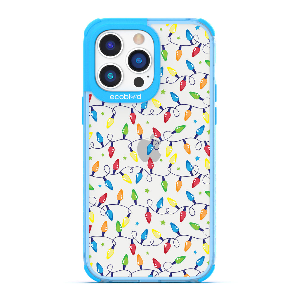 Winter Collection - Blue Compostable Laguna iPhone 14 Pro Case With Multicolored Christmas Lights & Stars On A Clear Back 