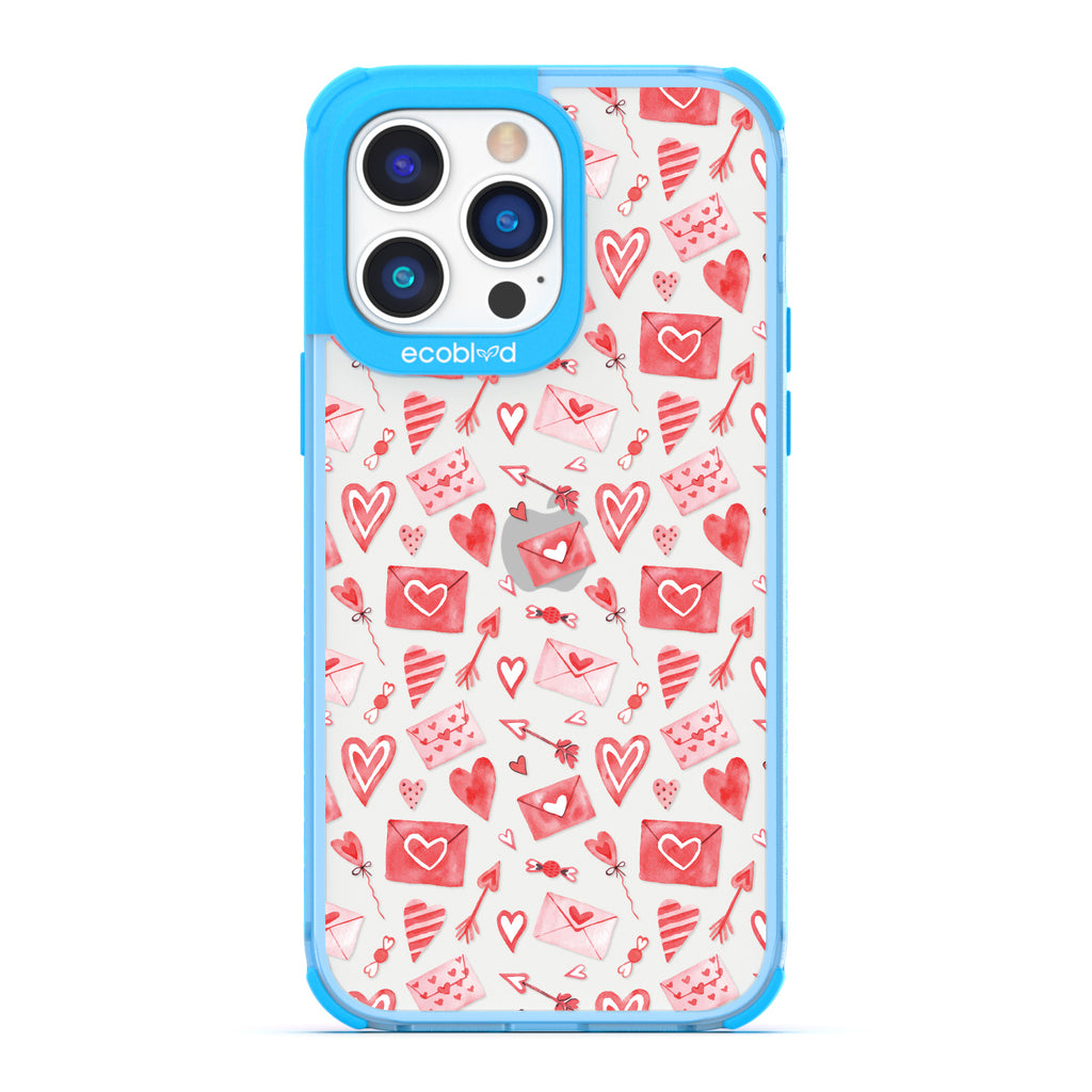 Love Collection - Blue Compostable iPhone 14 Pro Max Case - Red & Pink Love Letter Envelopes, Hearts & Arrows On Clear Back