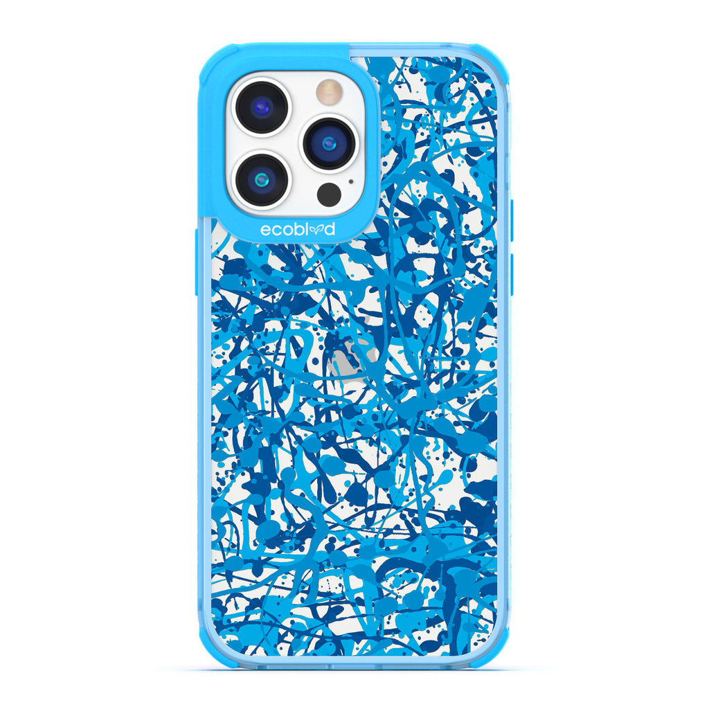 Contemporary Collection - Blue Compostable iPhone 14 Pro Max Case - Abstract Pollock-Style Painting On A Clear Back
