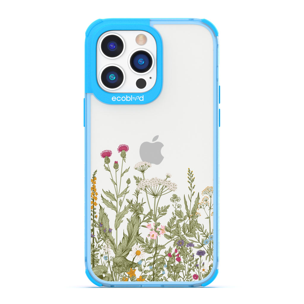 Spring Collection - Blue Compostable iPhone 14 Pro Max Case - Wild Herbs & Flowers Botanical Herbarium On A Clear Back