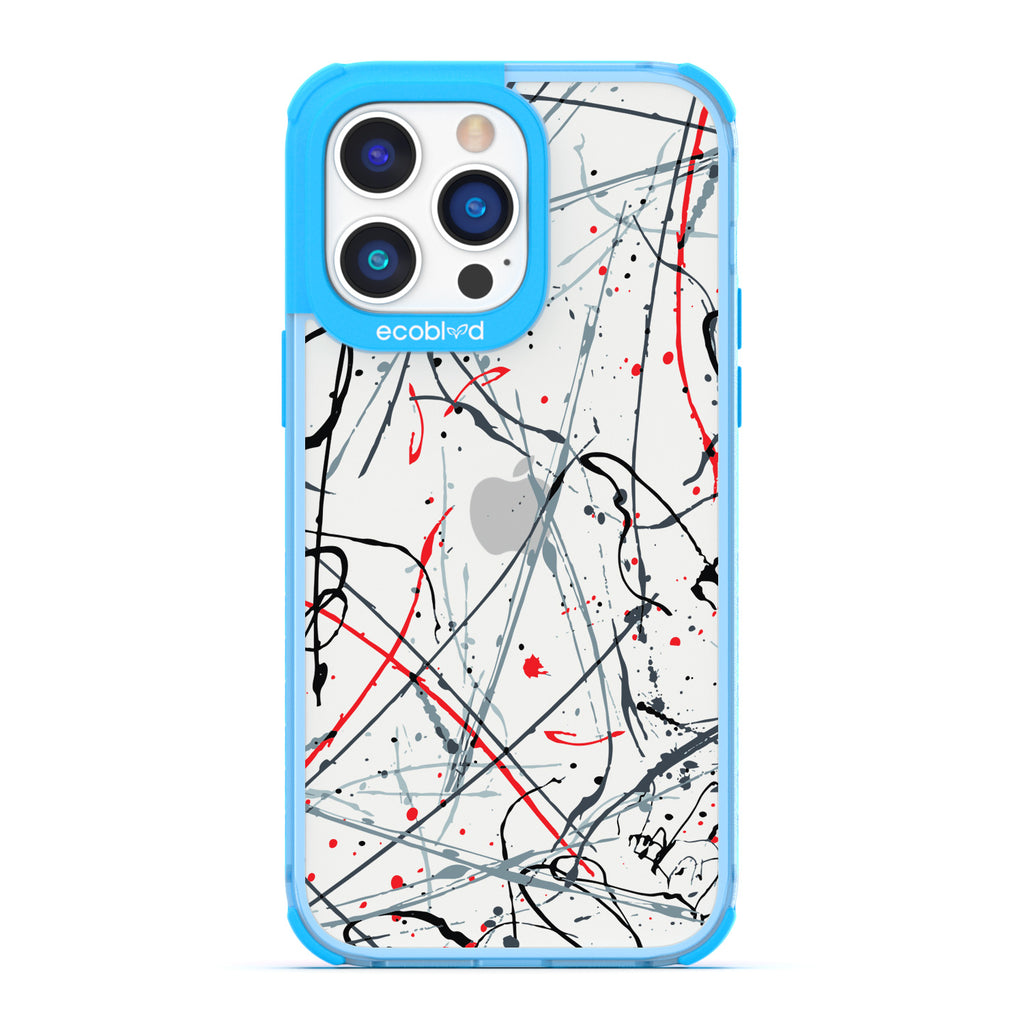 Contemporary Collection - Blue Compostable iPhone 14 Pro Max Case - Black & Red Paint Splatter On A Clear Back