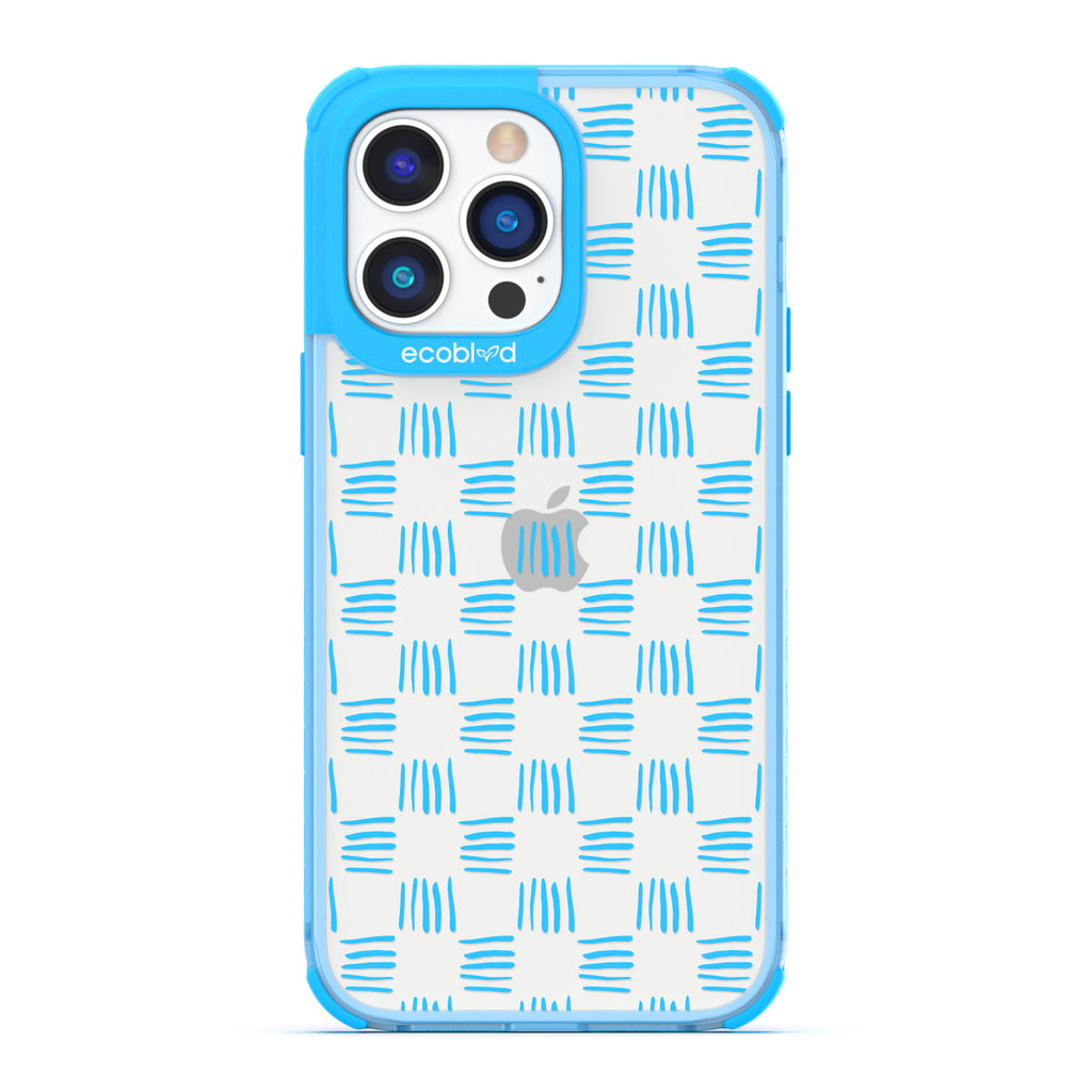 Contemporary Collection - Blue Compostable iPhone 14 Pro Max Case - Wicker Inspired Rattan Pattern On A Clear Back