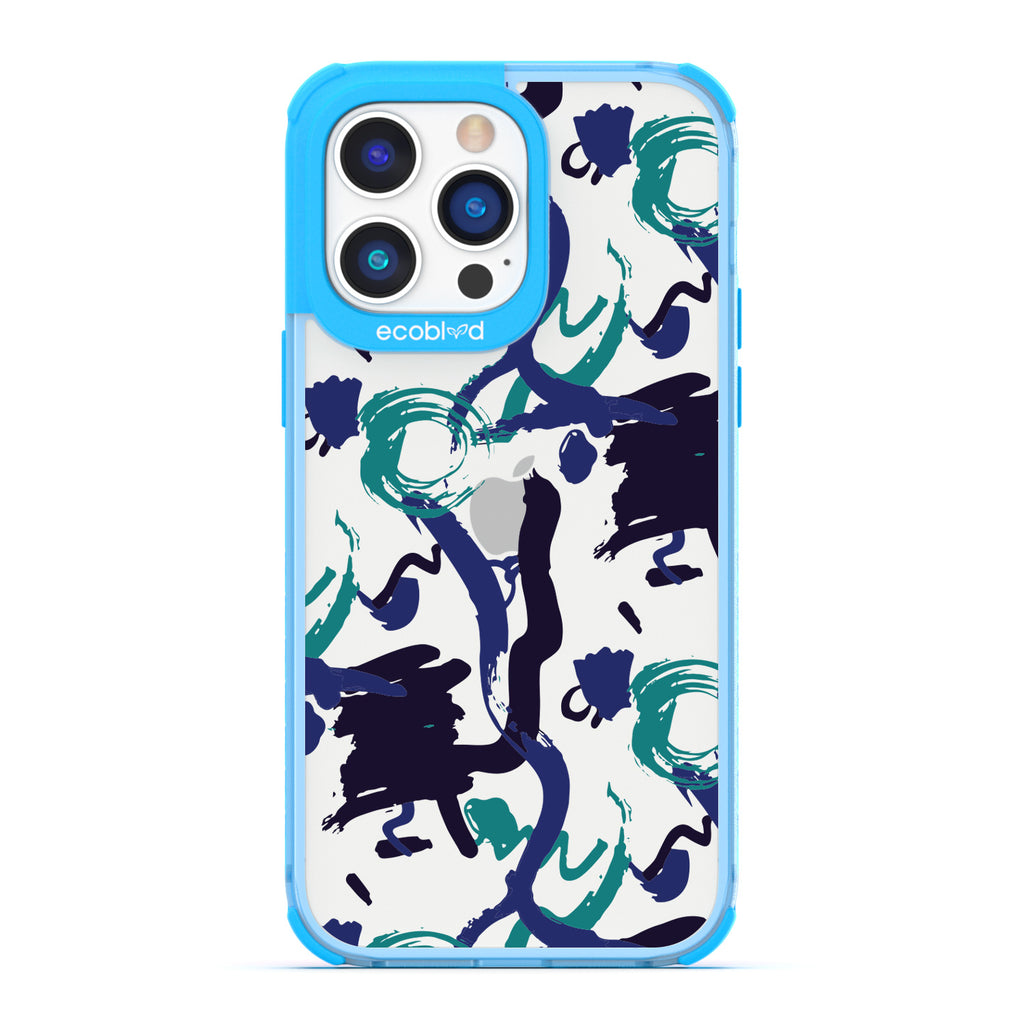 Contemporary Collection - Blue Compostable iPhone 14 Pro Case - Blue, Black, Teal Abstract Paint Swirl On A Clear Back