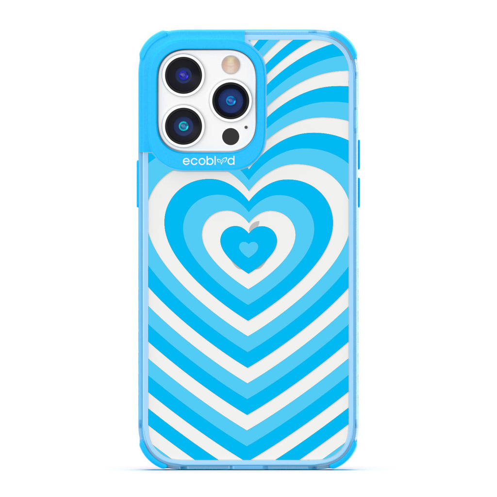 Love Collection - Blue Compostable iPhone 14 Pro Max Case - A Blue Heart Gradually Growing Larger On A Clear Back