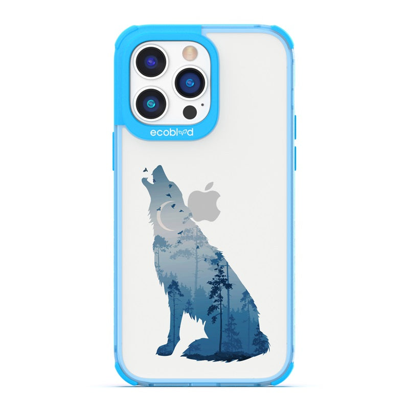 Laguna Collection - Blue Eco-Friendly iPhone 14 Pro Case With A Howling Wolf And Moonlit Woodlands Print On A Clear Back