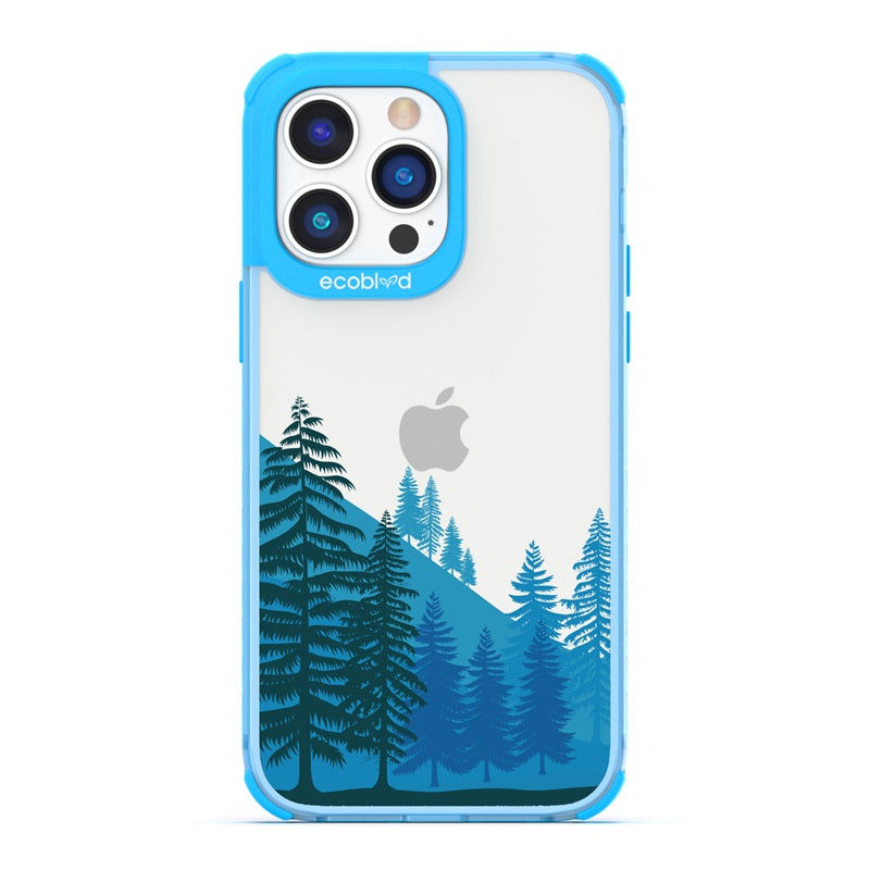 Laguna Collection - Blue Eco-Friendly iPhone 14 Pro Case With A Minimalist Pine Tree Forest On A Clear Back - Compostable