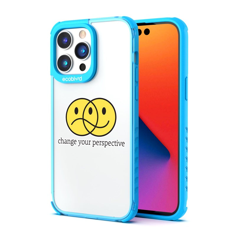 Back View Of Blue Eco-Friendly Laguna iPhone 14 Pro Case With The Perspective Design & Front View Of Screen