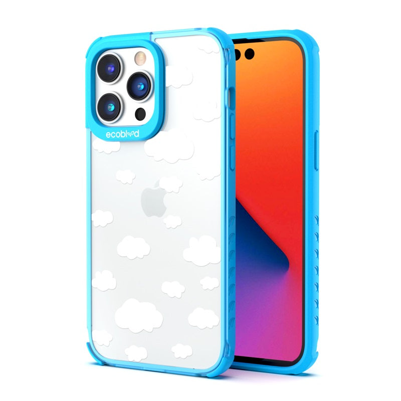 Back View Of The Blue iPhone 14 Pro Laguna Case With The Clouds Design On A Clear Back And Front View Of The Screen