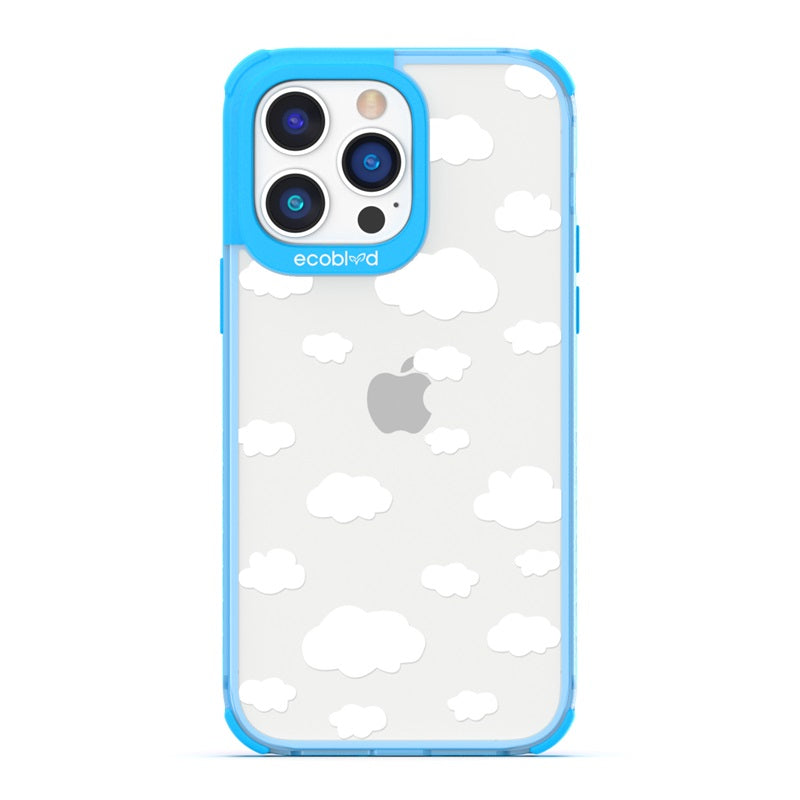 Laguna Collection - Blue Eco-Friendly iPhone 14 Pro Case With A White Cartoon Clouds Print On A Clear Back - Compostable
