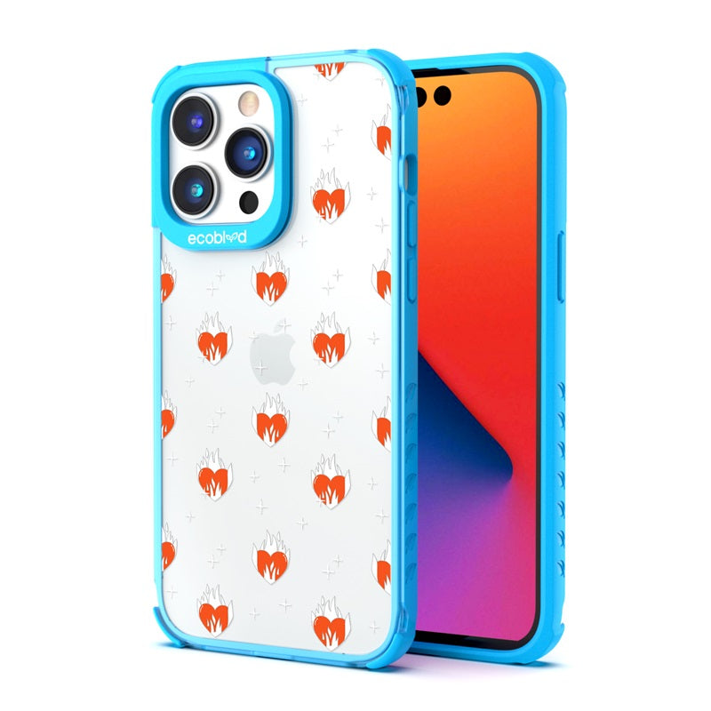 Back View Of The Blue iPhone 14 Pro Laguna Case With Burning Hearts Design On A Clear Back And Front View Of The Screen