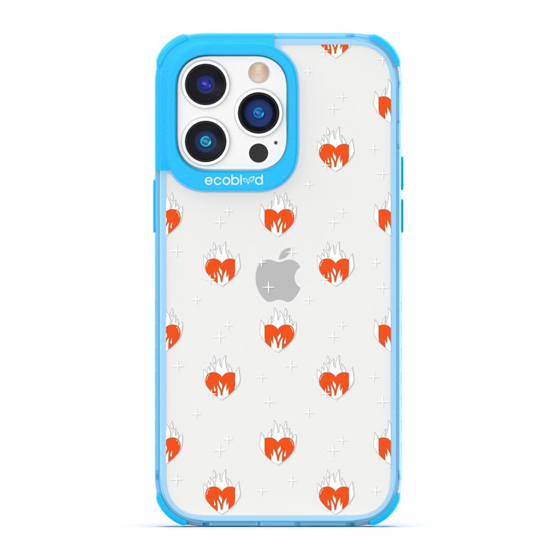 Laguna Collection - Blue Eco-Friendly iPhone 14 Pro Case With A Flaming Red Hearts And Stars Pattern On A Clear Back