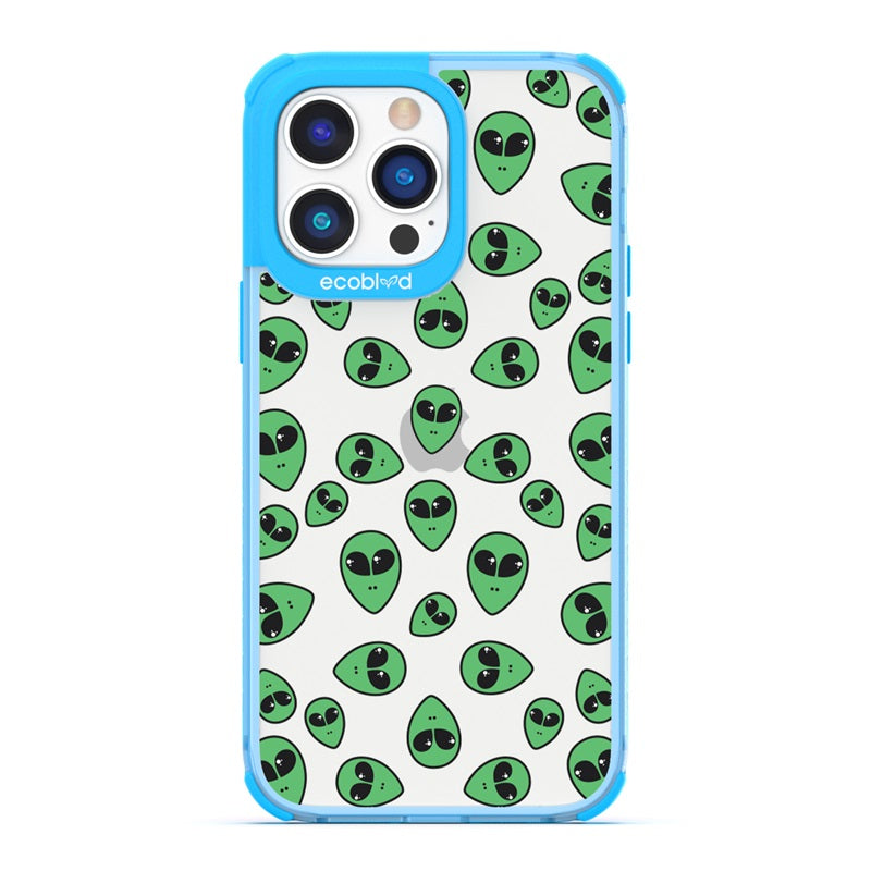 Laguna Collection - Blue Eco-Friendly iPhone 14 Pro Case With Green Cartoon Alien Heads On A Clear Back - Compostable