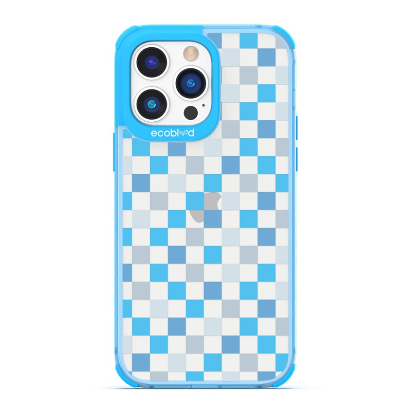 Laguna Collection - Blue Eco-Friendly iPhone 14 Pro Case With A Checkered Print Pattern On A Clear Back - Compostable