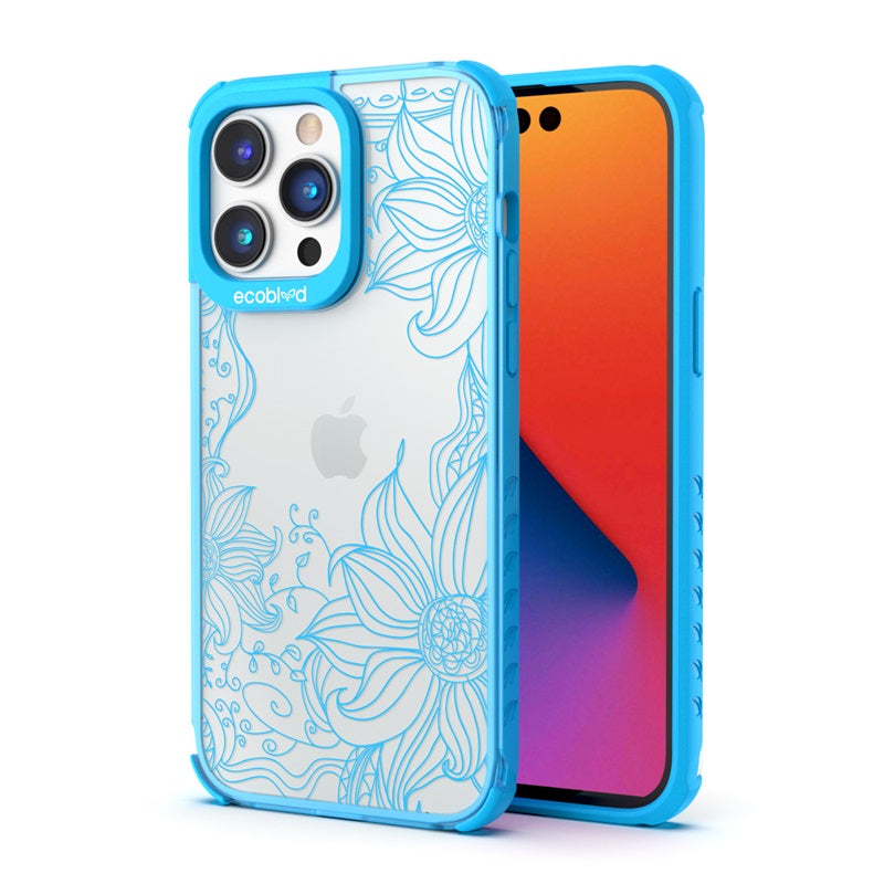 Back View Of Blue Compostable iPhone 14 Pro Laguna Case With The Flower Stencil Design & Front View Of The Screen