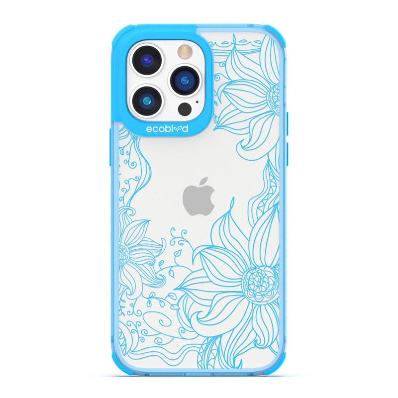 Laguna Collection - Blue Eco-Friendly iPhone 14 Pro Case With Sunflower Stencil Line Art On A Clear Back - Compostable