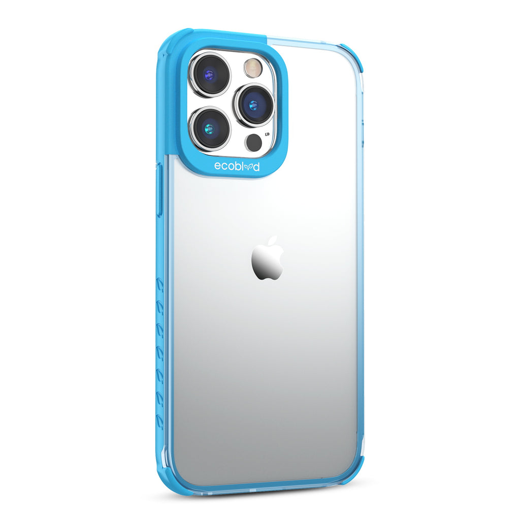 Right View Of Blue Laguna Collection iPhone 14 Pro Case With A Clear Back Showing Raised Camera Ring & Non-Slip Grip