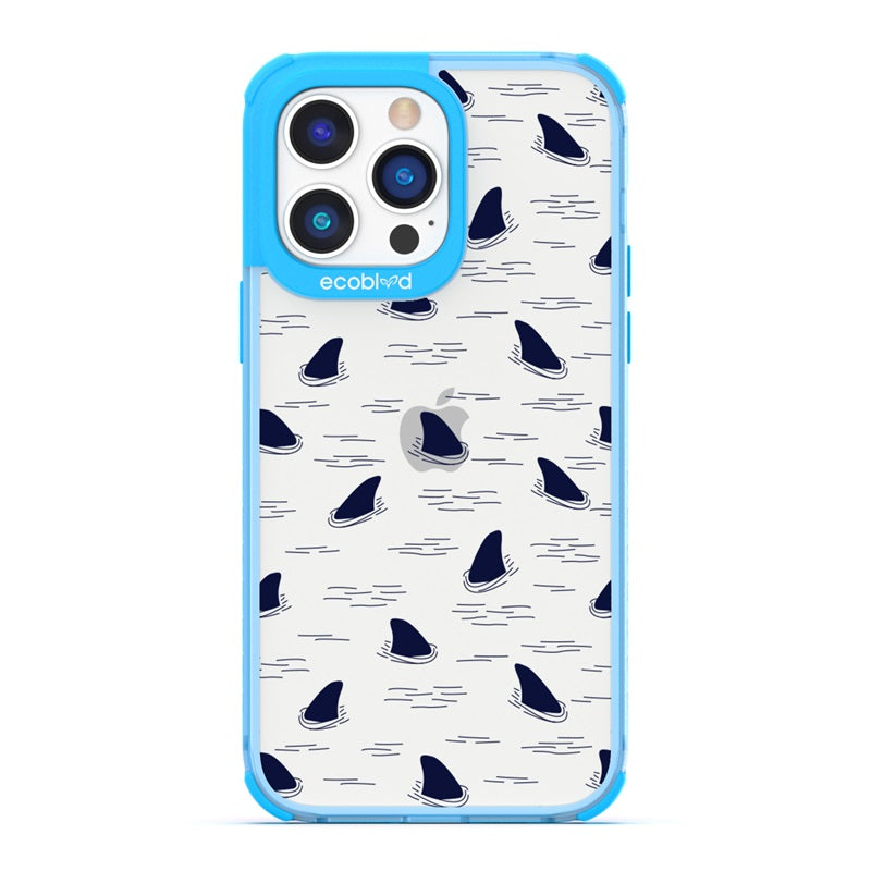 Laguna Collection - Pink Eco-Friendly iPhone 14 Pro Case With Shark Fins Peeking From Water On A Clear Back - Compostable