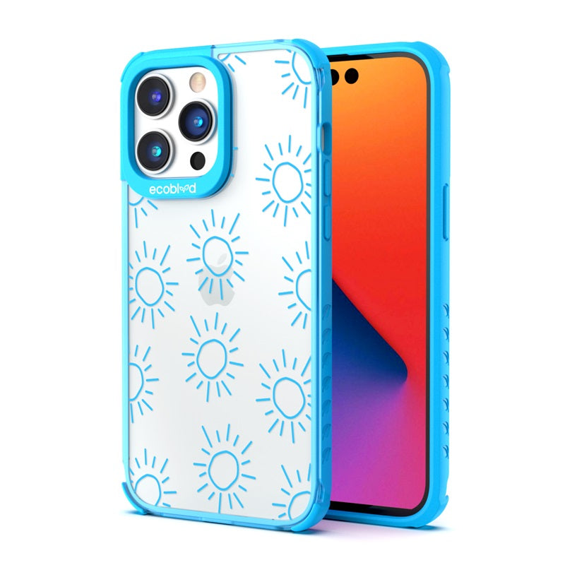 Back View Of The Blue Eco-Friendly iPhone 14 Pro Laguna Case With Sun Design On A Clear Back And Front View Of The Screen