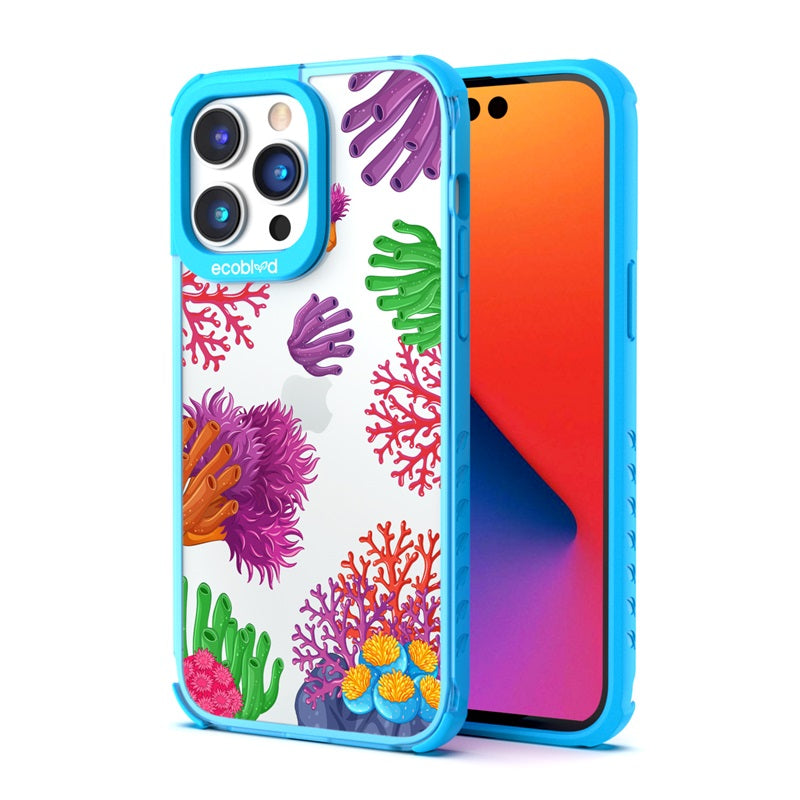 Back View Of Blue Compostable iPhone 14 Pro Laguna Case With The Coral Reef Design & Front View Of The Screen