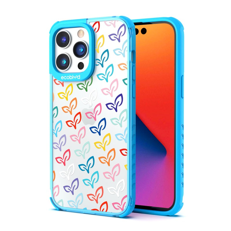 Back View Of The Blue iPhone 14 Pro Laguna Case With V-Leaf Monogram Design On A Clear Back And Front View Of The Screen