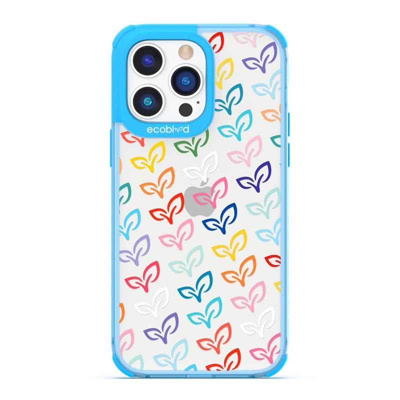 Laguna Collection - Blue Eco-Friendly iPhone 14 Pro Case With A Colorful EcoBlvd V-Leaf Monogram Print On A Clear Back 