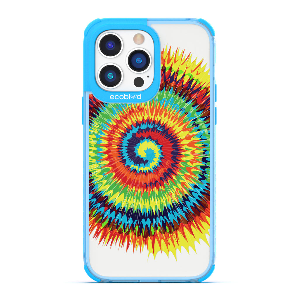 Laguna Collection - Blue Eco-Friendly iPhone 14 Pro Case With A Retro Rainbow Tie Dye Print On A Clear Back