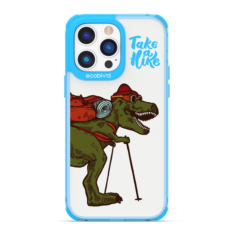 Laguna Collection - Blue Eco-Friendly iPhone 14 Pro Case With A Trail-Ready T-Rex And Take A Hike Quote On A Clear Back 