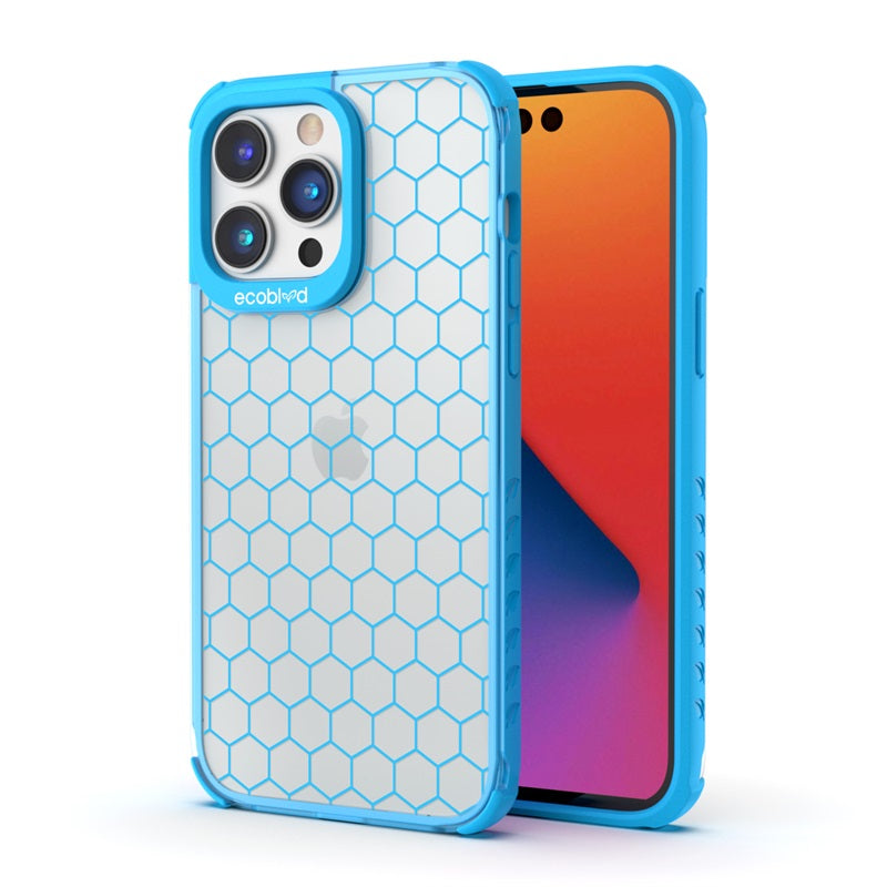 Back View Of Blue Compostable iPhone 14 Pro Laguna Case With Honeycomb Design On A Clear Back & Front View Of The Screen