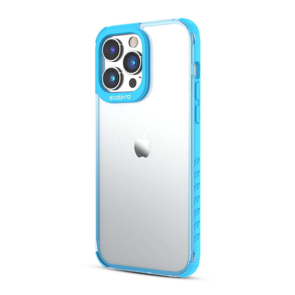 Left View Of Blue Laguna Collection iPhone 14 Pro Case With A Clear Back Showing Volume Buttons & Non-Slip Grip