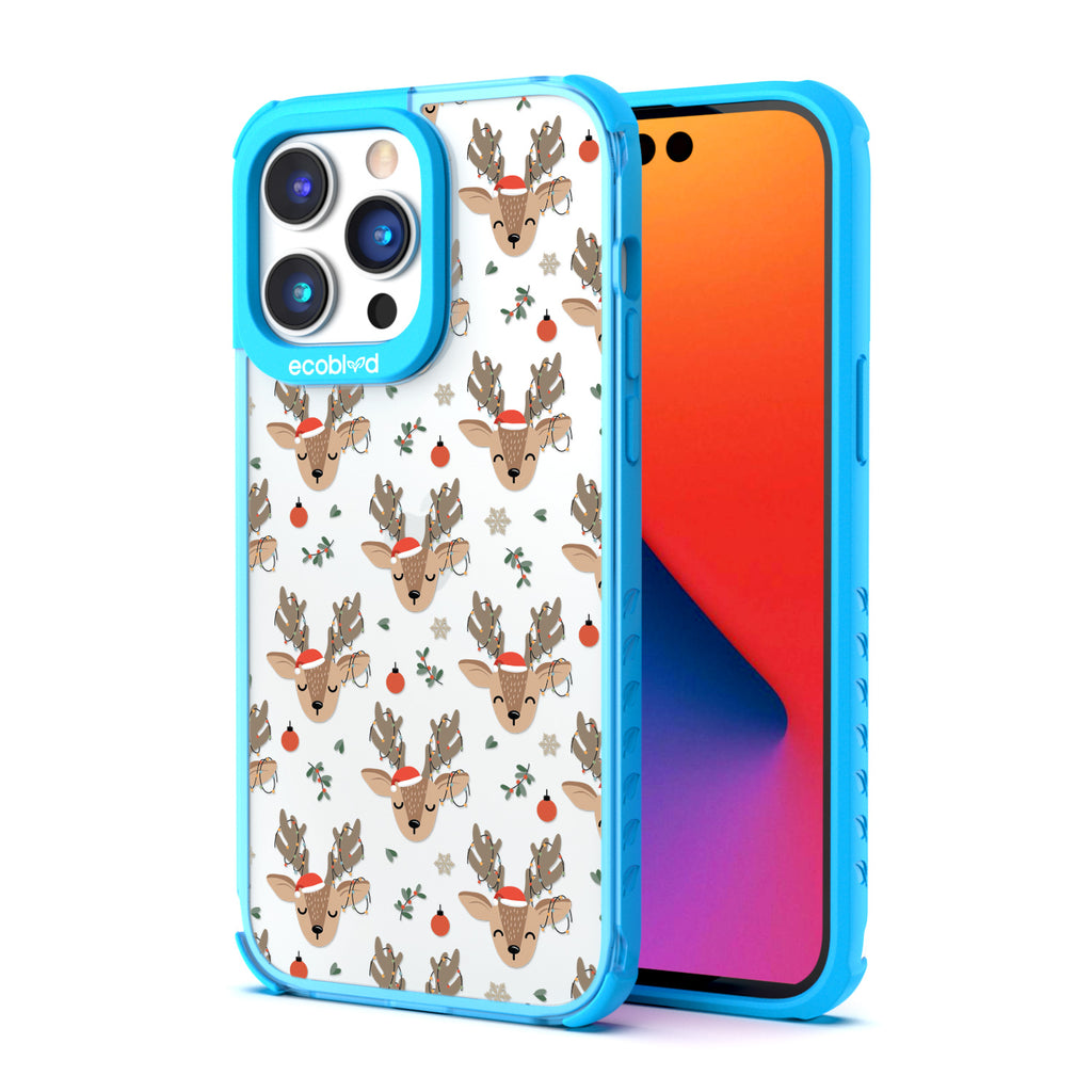 Back View Of Eco-Friendly Blue iPhone 14 Pro Winter Laguna Case With The Oh, Deer Design & Front View Of The Screen