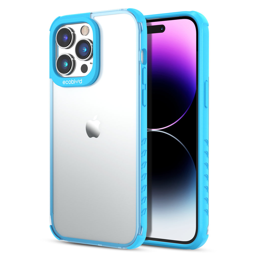 Back View Of The Blue iPhone 14 Pro Laguna Collection Case With A Clear Back And Front View Of The Screen