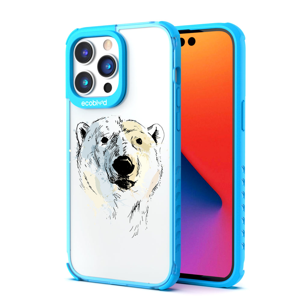 Back View Of Blue Eco-Friendly iPhone 14 Pro Clear Case With The Polar Bear Design & Front View Of Screen