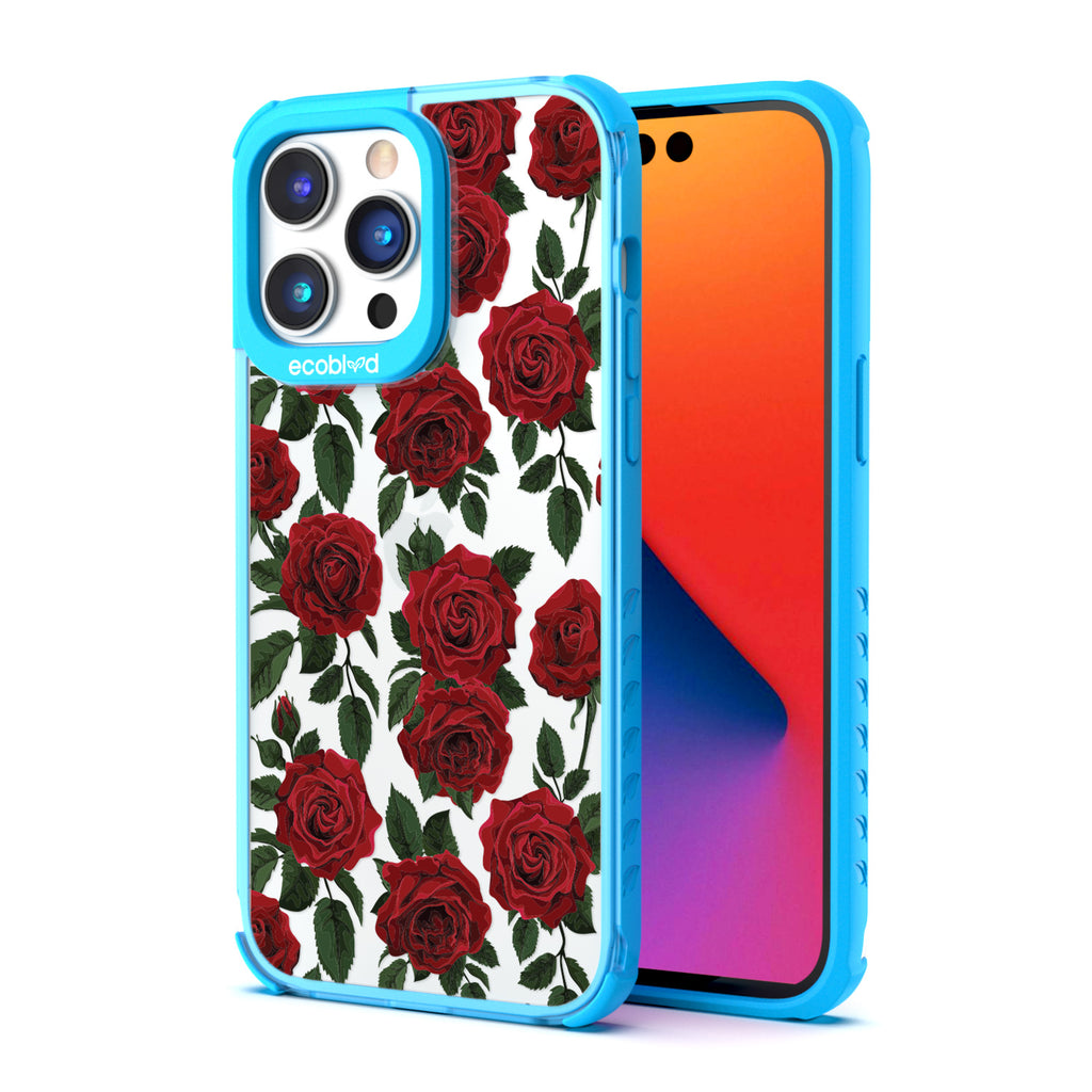 Back View Of Blue Eco-Friendly iPhone 14 Pro Max Clear Case With The Smell The Roses Design & Front View Of Screen