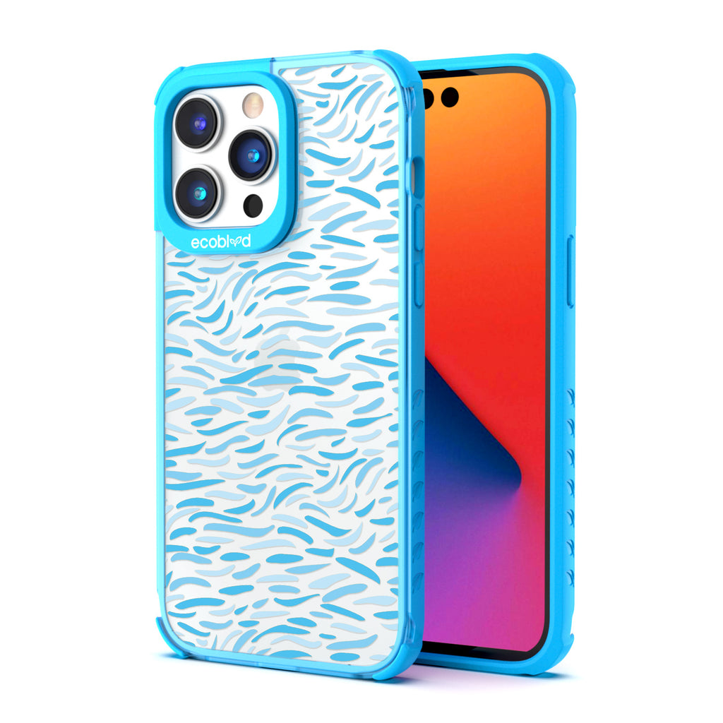 Back View Of Eco-Friendly Blue iPhone 14 Pro Max Timeless Laguna Case With The Bush Stroke Design & Front View Of The Screen 