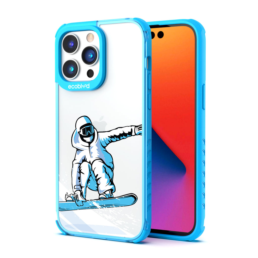 Back View Of Blue Compostable iPhone 14 Pro Clear Case With The Shreddin' The Gnar Design & Front View Of Screen