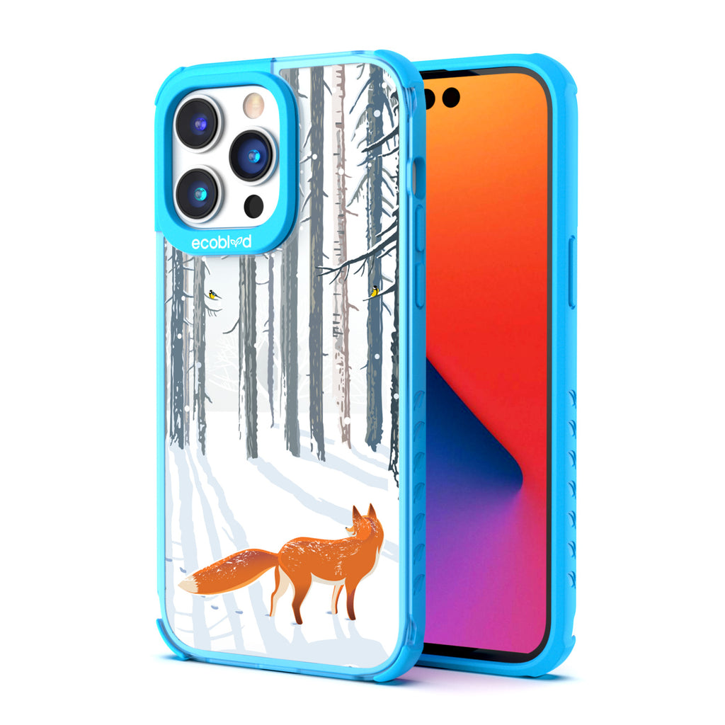 Back View Of Blue Eco-Friendly iPhone 14 Pro Clear Case With The Fox Trot In The Snow Design & Front View Of Screen