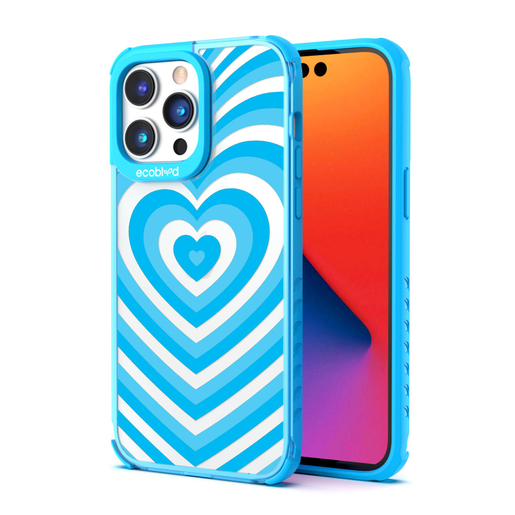 Back View Of Blue Eco-Friendly iPhone 14 Pro Max Clear Case With The Tunnel Of Love Design & Front View Of Screen