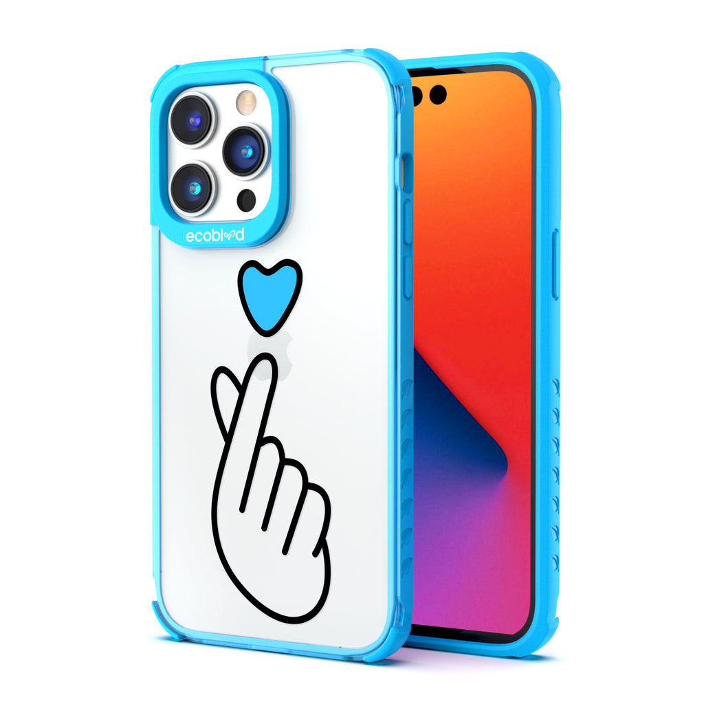 Back View Of Blue Eco-Friendly iPhone 14 Pro Max Clear Case With The Finger Heart Design & Front View Of Screen
