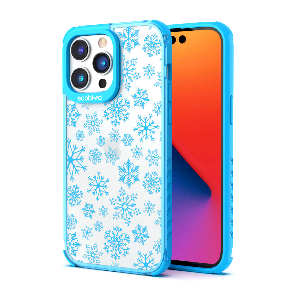 Back View Of Eco-Friendly Blue Phone 14 Pro Winter Laguna Case With The Let It Snow Design & Front View Of The Screen