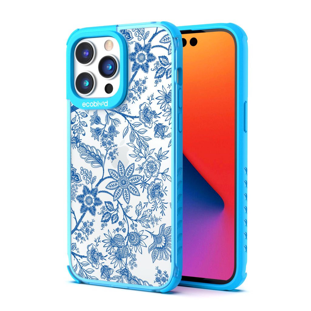 Back View Of Compostable Blue iPhone 14 Pro Timeless Laguna Case With The Flower Crown Design & Front View Of The Screen 