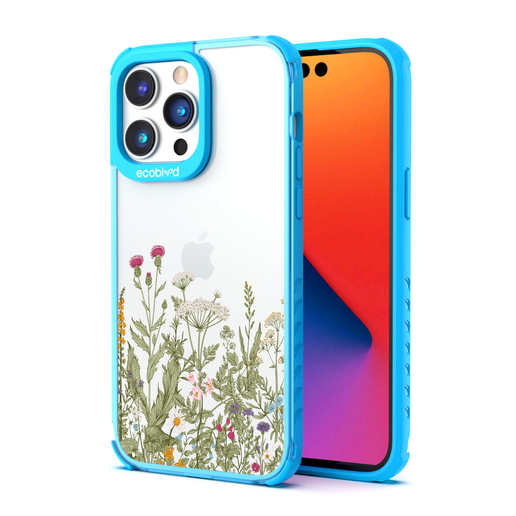 Back View Of Blue Eco-Friendly iPhone 14 Pro Max Clear Case With Take Root Design & Front View Of Screen