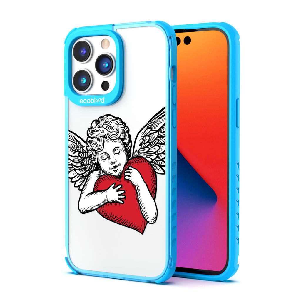 Back View Of Blue Eco-Friendly iPhone 14 Pro Clear Case With The Cupid Design & Front View Of Screen