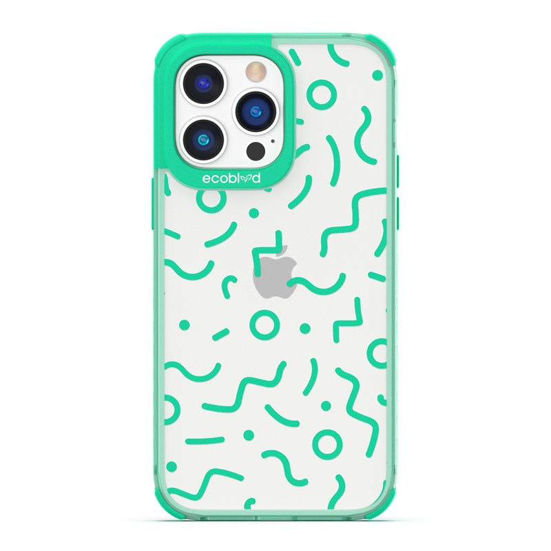 90's Kids - Green Eco-Friendly iPhone 14 Pro Case with Retro 90's Lines & Squiggles On A Clear Back