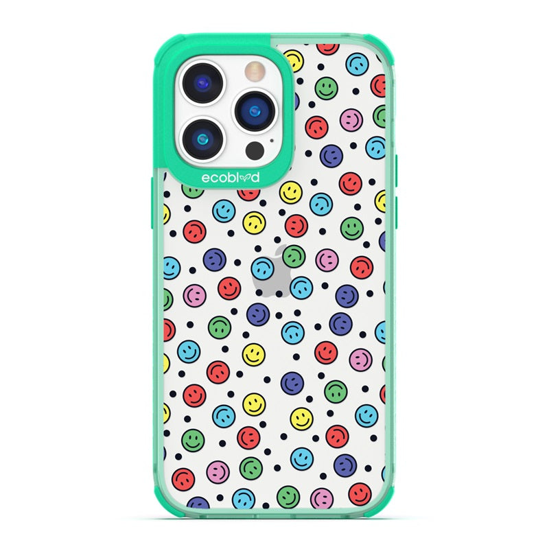 Laguna Collection - Green Eco-Friendly iPhone 14 Pro Case With Multicolored Smiley Faces & Black Dots On A Clear Back